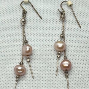 Light pink fresh water pearl silver dangling earrings, Vintage earrings